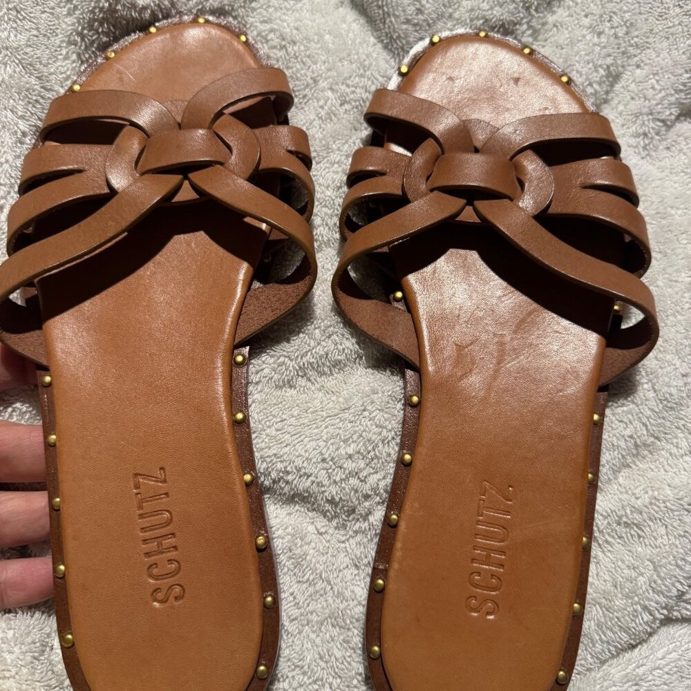 Schultz Phoenix Flat. Brown Leather. Size 8 tan brown slides slip on sandal trav - Picture 7 of 14